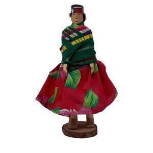 Antique Wooden Pedestal Doll Hand Carved Wood Indigenous Doll 9"